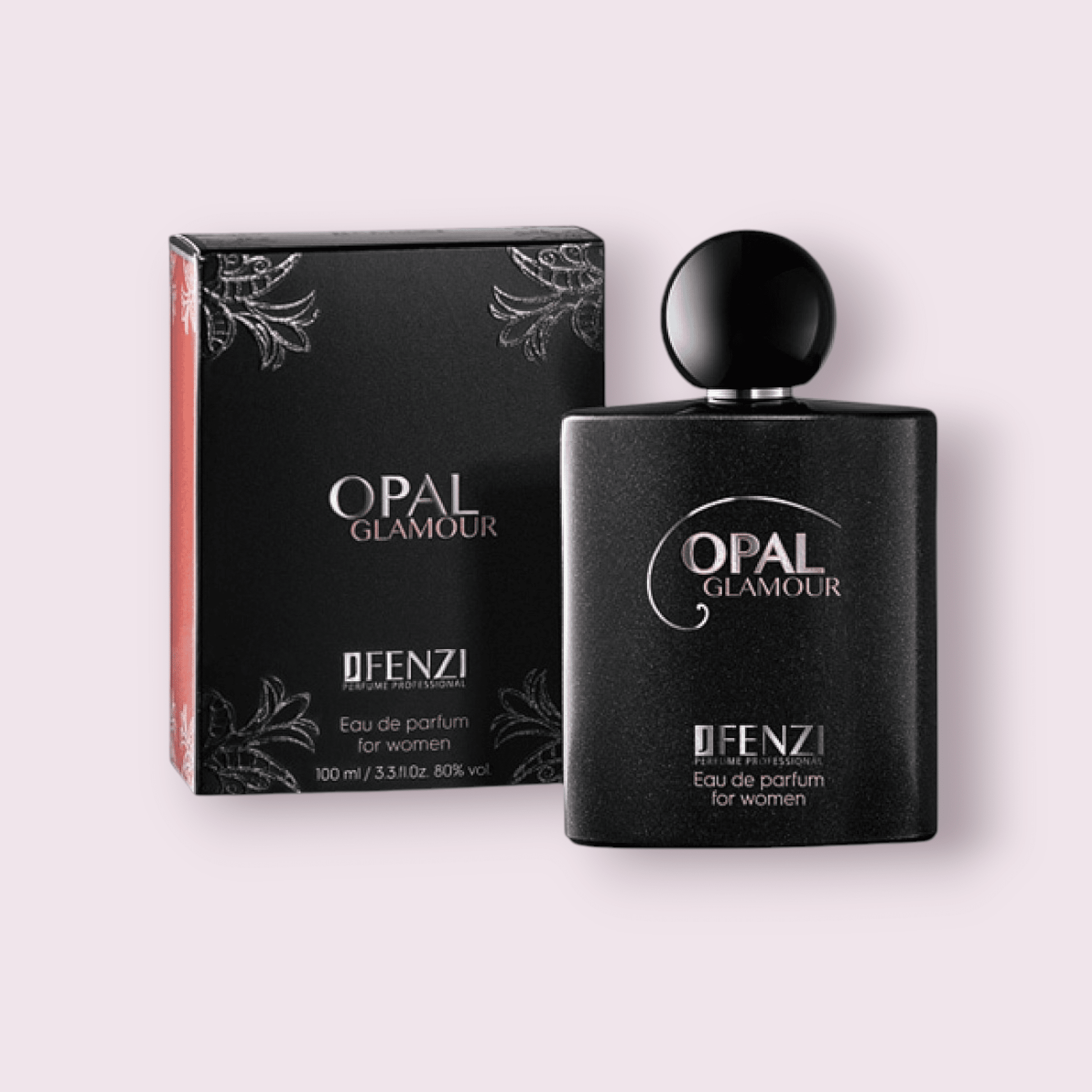 Frasco y estuche de nuestra inspiración Black Opium. Perfume de alta intensidad de Maral Perfumes, con un aroma nocturno, rebelde y de larga duración. 