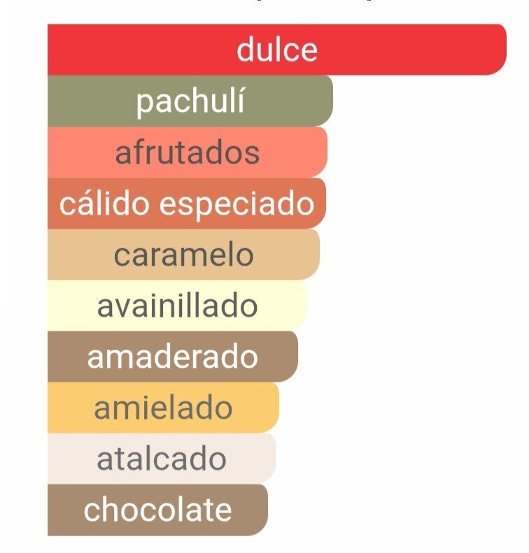 Pirámide olfativa de nuestra inspiración Angel: salida de coco y melón, corazón de miel y bayas rojas, y fondo profundo de chocolate, caramelo y pachulí.