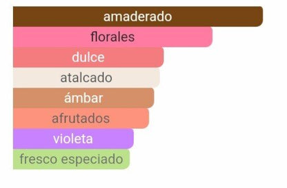 Pirámide olfativa de nuestra inspiración Euphoria: salida de granada y notas verdes, corazón de orquídea negra y flor de loto, y fondo de ámbar, caoba y violeta.