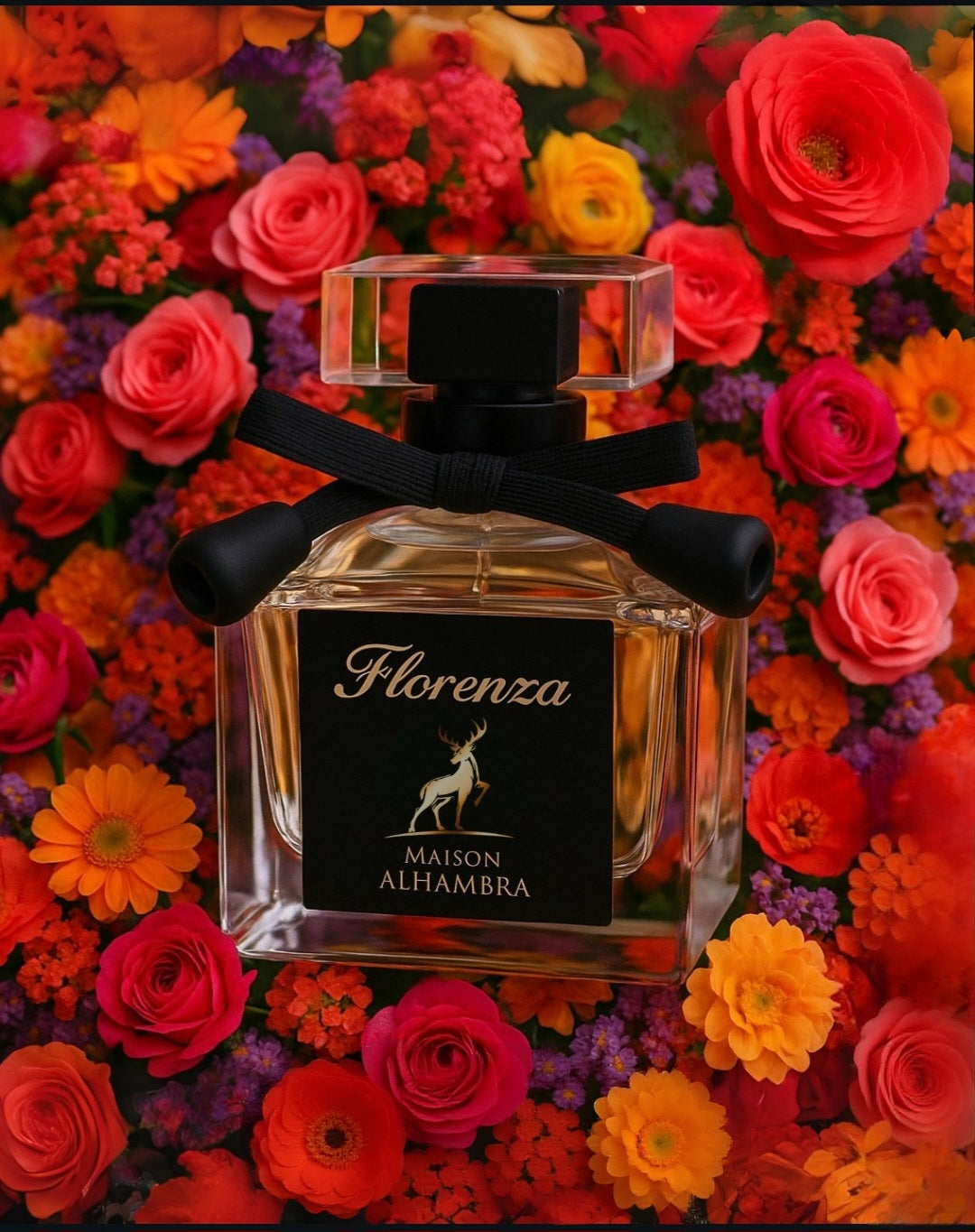 Frasco del perfume Florenza de Maison Alhambra para mujer. Una fragancia árabe floral y dulce, la mejor alternativa inspirada en Flora de Gucci.