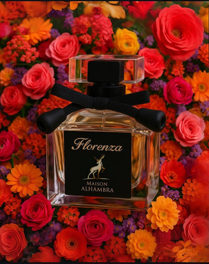 Frasco del perfume Florenza de Maison Alhambra para mujer. Una fragancia árabe floral y dulce, la mejor alternativa inspirada en Flora de Gucci.