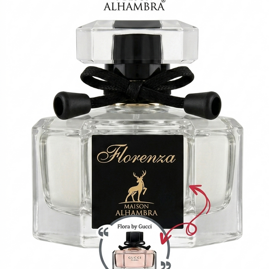 Video del perfume Florenza de Maison Alhambra ,fragancia floral dulce para mujer inspirada en Flora de Gucci,mostrando el diseño del frasco y su pulverizaión.